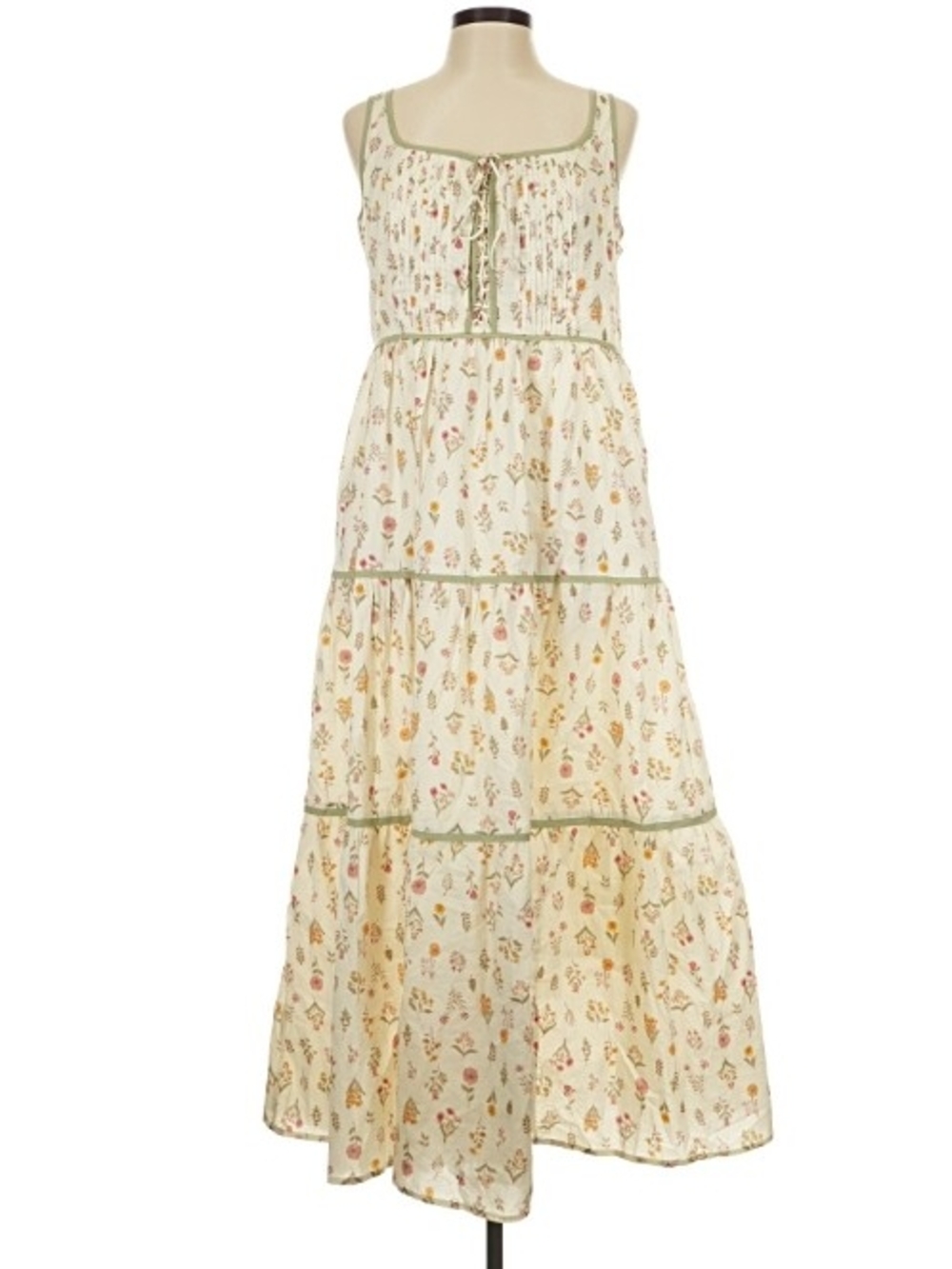 In Loom Cream Floral Tiered Midi Dress with Green Trim
